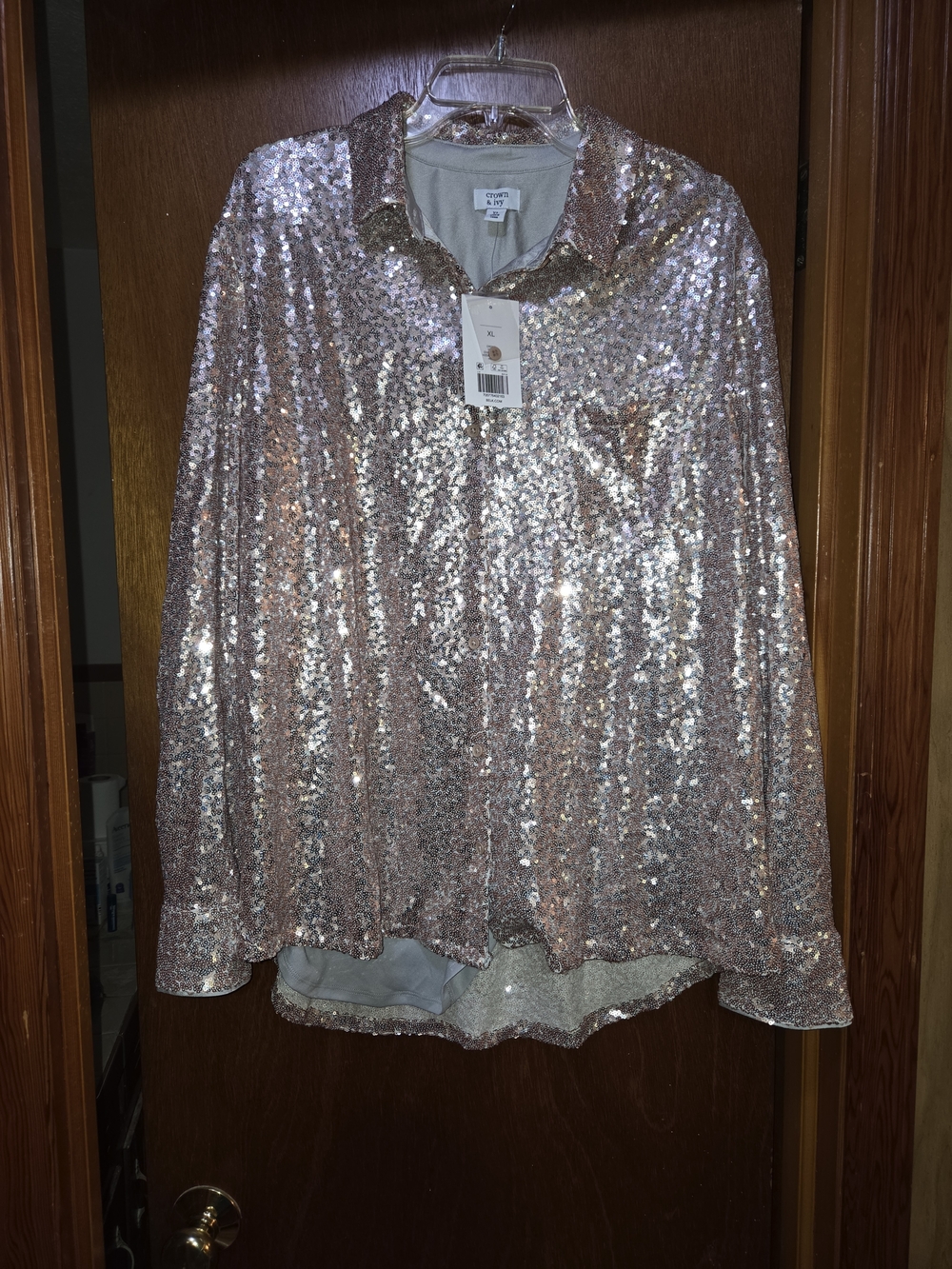 crown & ivy Rose Gold Sequin Button-Down